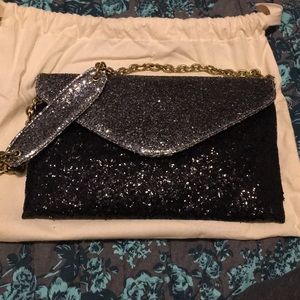 Black silver sparkly glitter J Crew handbag clutch